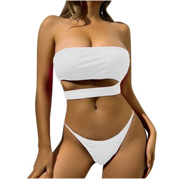WREESH Womens Bandeau Bikini Sets Solid Color Swimwear Two-Piece Slim Swimsuit Bikini Straped Swimsuits Beach Bathing Suit White