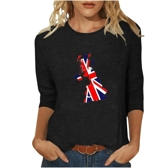 WREESH Womens Basic Graphic Tees Great Britain Uk Flag T-Shirts Casual 3/4 Sleeve T-Shirts Crewneck Cute Tunic Tops Loose Fit Pullover Blouses Black