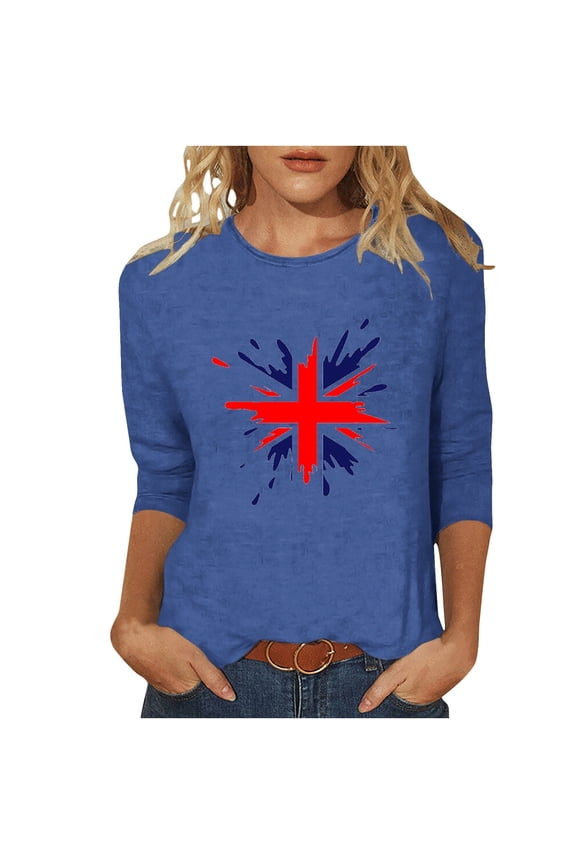 Womens Basic Graphic Tees Great Britain Uk Flag T-Shirts Casual 3/4 Sleeve T-Shirts Crewneck Cute Tunic Tops Loose Fit Pullover Blouses Blue