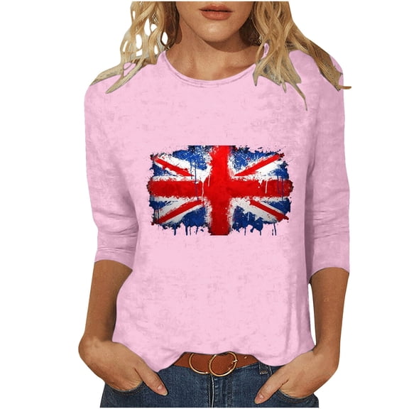 WREESH Womens Basic Graphic Tees Great Britain Uk Flag T-Shirts Casual 3/4 Sleeve T-Shirts Crewneck Cute Tunic Tops Loose Fit Pullover Blouses Pink