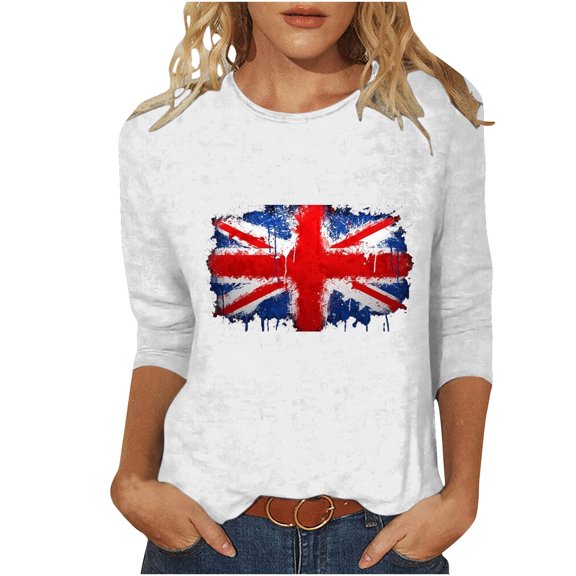 WREESH Womens Basic Graphic Tees Great Britain Uk Flag T-Shirts Casual 3/4 Sleeve T-Shirts Crewneck Cute Tunic Tops Loose Fit Pullover Blouses White