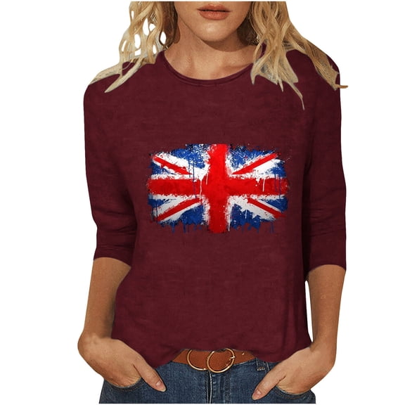 WREESH Womens Basic Graphic Tees Great Britain Uk Flag T-Shirts Casual 3/4 Sleeve T-Shirts Crewneck Cute Tunic Tops Loose Fit Pullover Blouses Wine