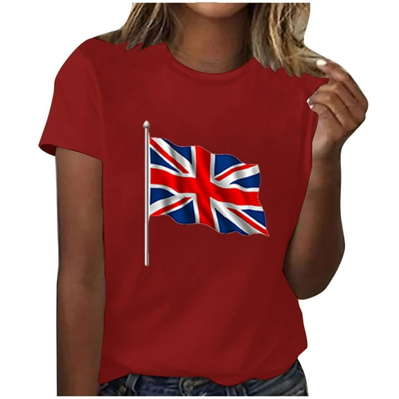 WREESH Womens Basic Graphic Tees Great Britain Uk Flag T-Shirts Fashion Printed Crewneck Short Sleeved Casual Top Shirt Red