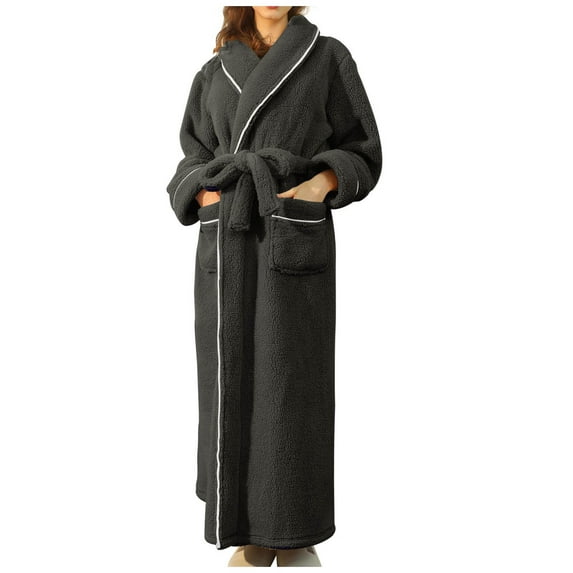 WREESH Womens Bathrobe Long Nightgowns Solid Bandage Robe Bathrobe Gown Pajamas Sleepwear Pocket Waistband+Belts Black