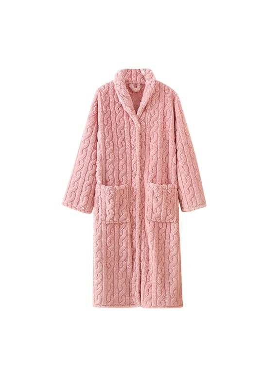 Womens Bathrobe Nightgowns Solid Color Plus Size Nightgowns Thickened Comfortable Velvet Female Green Fruit Collar Button Long Bathrobe Nightgown Home Wear Pink