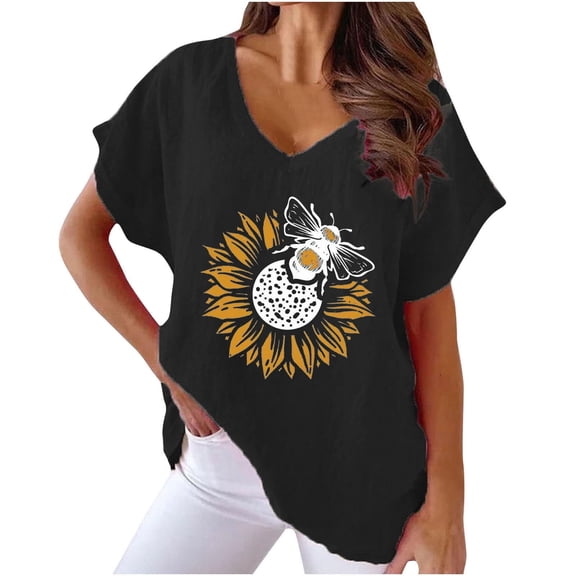 WREESH Womens Batwing Casual Loose Dolman T-Shirt Sunflower Print Cotton Linen Blouse V-Neck Sleeved Tops Black