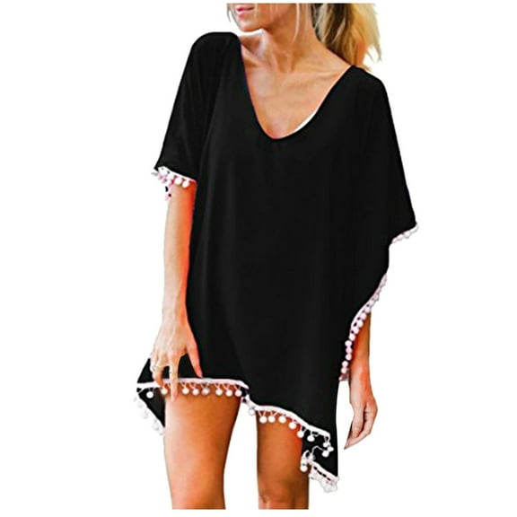 WREESH Womens Beach Cover Ups Trim Kaftan Chiffon Tassels Swimwear Summer Loose Solid V-Neck Tops Swimsuit Coverup Black