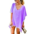 thumbnail image 1 of WREESH Womens Beach Cover Ups Trim Kaftan Chiffon Tassels Swimwear Summer Loose Solid V-Neck Tops Swimsuit Coverup Purple, 1 of 4
