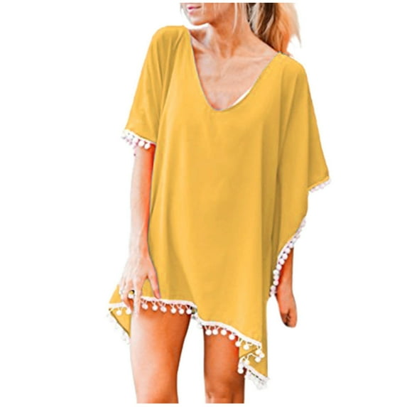 WREESH Womens Beach Cover Ups Trim Kaftan Chiffon Tassels Swimwear Summer Loose Solid V-Neck Tops Swimsuit Coverup Yellow