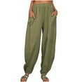 thumbnail image 1 of WREESH Womens Beach Pants Fashion Summer Casual Loose Cotton and Linen Pocket Solid Trousers Pants Olive Green, 1 of 8