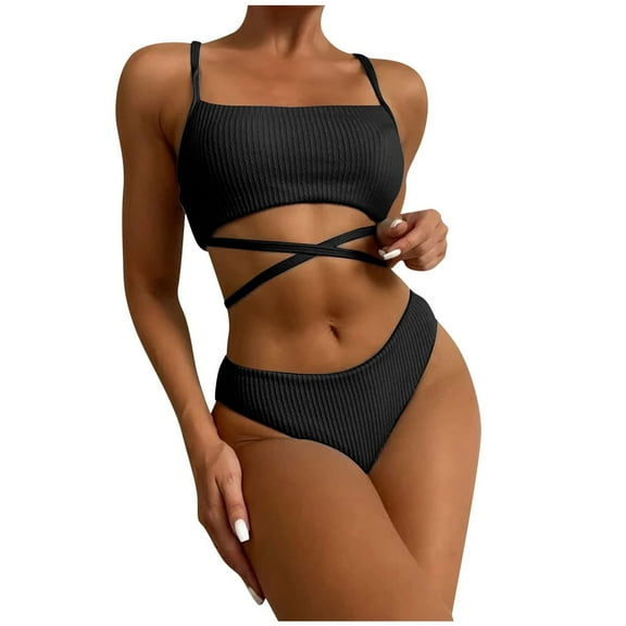 WREESH Womens Bikini Set S Solid Color Bandage Two Piece Push-Up Pad Swimsuit Beachwear Set Beach Bathing Suit Black