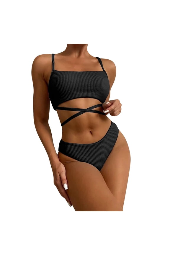 Womens Bikini Set S Solid Color Bandage Two Piece Push-Up Pad Swimsuit Beachwear Set Beach Bathing Suit Black