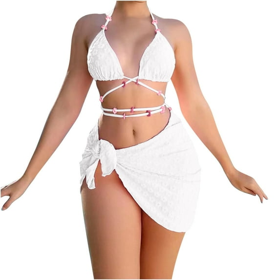 WREESH Womens Bikini Set with Sarong Bathing Suit Beach Cover Up Wrap Skirt Three-Piece Suit Bandage Solid Bikini Push-Up Padded Swimsuit Beachwear Set White