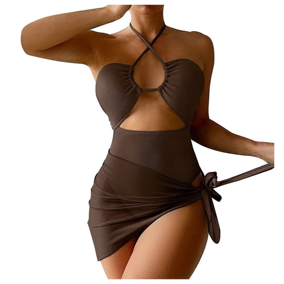 WREESH Womens Bikini Set with Sarong Bathing Suit Beach Cover Up Wrap Skirt Solid Bikini Strap Bikini Deep V Split Swimsuit Set Three-Piece Swimming Suit Coffee