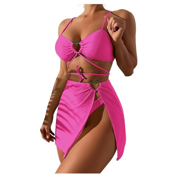 WREESH Womens Bikini Set with Sarong Bathing Suit Beach Cover Up Wrap Skirt Solid Bikini Strap Bikini Deep V Split Swimsuit Set Three-Piece Swimming Suit Hot Pink