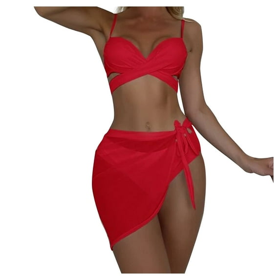 WREESH Womens Bikini Set with Sarong Bathing Suit Beach Cover Up Wrap Skirt Solid Bikini Strap Bikini Deep V Split Swimsuit Set Three-Piece Swimming Suit Red