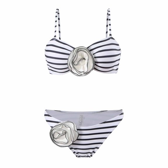 WREESH Womens Bikini Set Stripe Swimsuit Bikini Three-Dimensional Flower Swimsuit Swim Trunks Two-Piece Set Beach Bathing Suit White