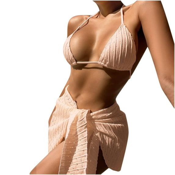 WREESH Womens Bikini Set with Sarong Bathing Suit Beach Cover Up Wrap Skirt Bikini Split Bikini Three-Piece Swimsuit Split Swimsuit Set Beige