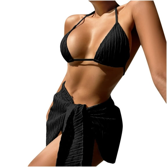 WREESH Womens Bikini Set with Sarong Bathing Suit Beach Cover Up Wrap Skirt Bikini Split Bikini Three-Piece Swimsuit Split Swimsuit Set Black