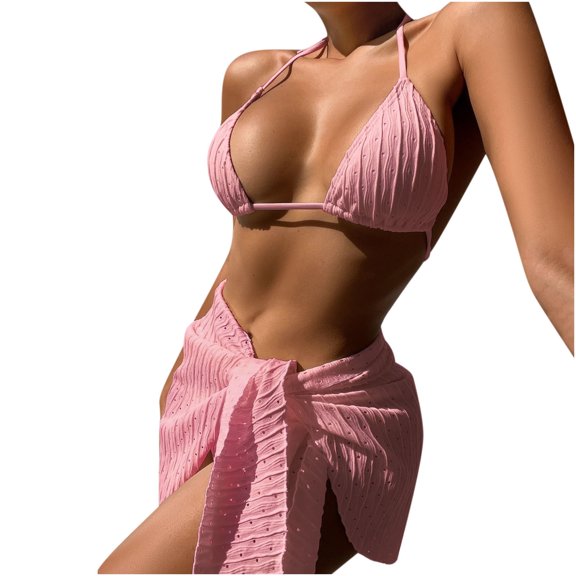 WREESH Womens Bikini Set with Sarong Bathing Suit Beach Cover Up Wrap Skirt Bikini Split Bikini Three-Piece Swimsuit Split Swimsuit Set Pink