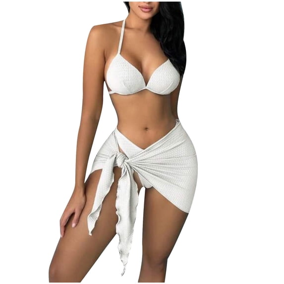 WREESH Womens Bikini Set with Sarong Bathing Suit Beach Cover Up Wrap Skirt Swimwear Three-Piece Sexy Bikini White