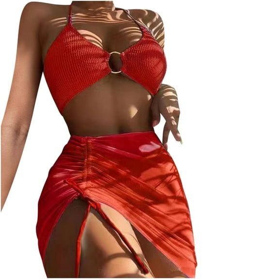 WREESH Womens Bikini Set with Swim Skirt Bathing Suit Mini Wrap Skirt Beach Cover Up Fashion Solid Color Bikini Split Swimwear Three Piece Set Red