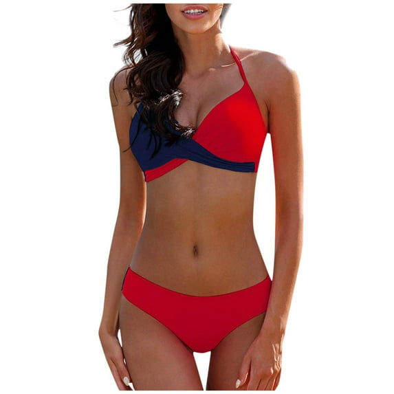 WREESH Womens Bikini Sets Bikini Splicing Color Block Two-Piece Swimsuit Beachwear Set Beach Bathing Suit Red