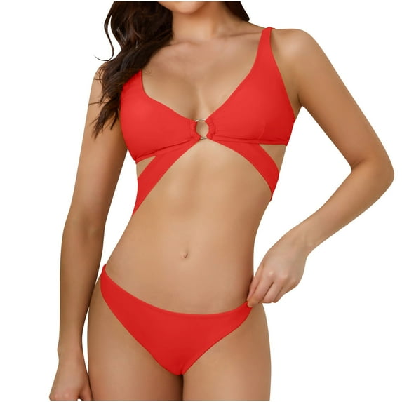 WREESH Womens Bikini Sets Solid Color Swimwear Two-Piece Slim Swimsuit Bikini Straped Swimsuits Beach Bathing Suit Red