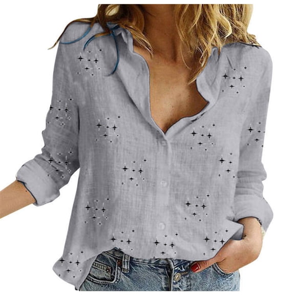 WREESH Womens Blouses Vintage Casual Printing V-Neck Long Sleeve Tops Gray
