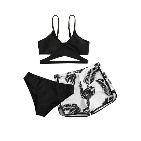 WREESH Womens Board Short Bikini Sets Solid Bikini Strap Bikini Deep V Split Swimsuit Set Three-Piece Swimming Suit Beach Bathing Suit Black
