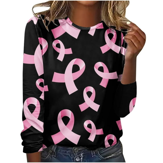 WREESH Womens Breast Cancer Awareness Shirts Pink Ribbon Butterfly Graphic T-Shirts Funny Long Sleeve Sweatshirts Soft Regular Fit Tops Pink E