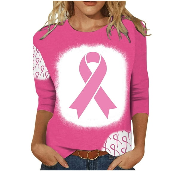 WREESH Womens Breast Cancer Awareness Shirts Three Quarters Sleeve T-Shirts Casual Crewneck Bleach Tops Pink Ribbon Printed Tees Loose Comf Workout Blouses Pink G