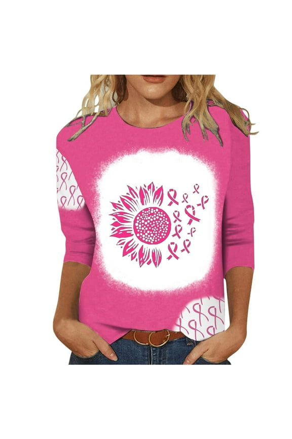 Womens Breast Cancer Awareness T-Shirts Three Quarters Sleeve Tops Casual Crewneck Bleach Pullover Pink Ribbon Printed Tees Summer Loose Workout Blouses Pink A