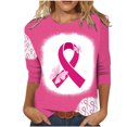 thumbnail image 1 of WREESH Womens Breast Cancer Awareness T-Shirts Three Quarters Sleeve Tops Casual Crewneck Bleach Pullover Pink Ribbon Printed Tees Summer Loose Workout Blouses Pink E, 1 of 4