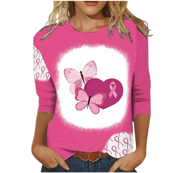 WREESH Womens Breast Cancer Awareness T-Shirts Three Quarters Sleeve Tops Casual Crewneck Bleach Pullover Pink Ribbon Printed Tees Summer Loose Workout Blouses Pink K