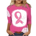 thumbnail image 1 of WREESH Womens Breast Cancer Awareness T-Shirts Three Quarters Sleeve Tops Casual Crewneck Bleach Pullover Pink Ribbon Printed Tees Summer Loose Workout Blouses Pink C, 1 of 4