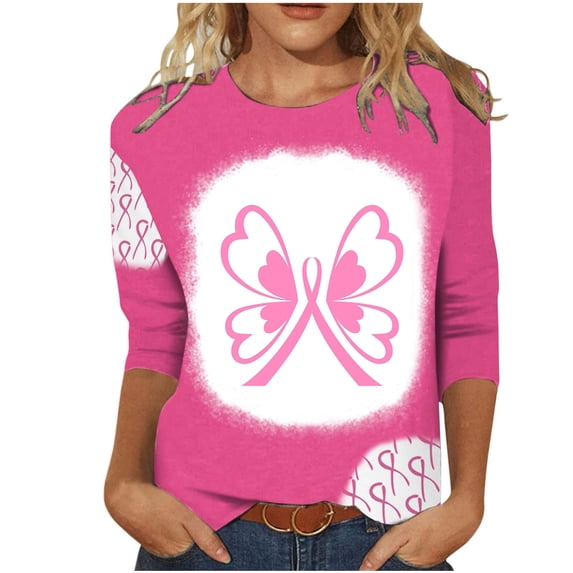 WREESH Womens Breast Cancer Awareness T-Shirts Three Quarters Sleeve Tops Casual Crewneck Bleach Pullover Pink Ribbon Printed Tees Summer Loose Workout Blouses Pink I