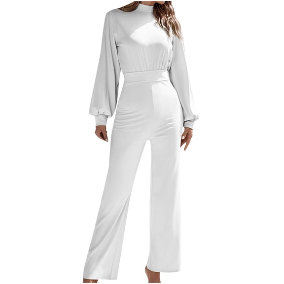 WREESH Womens Business Casual Jumpsuit Fall Fashion Solid Casual Plus Size Long Jumpsuit White