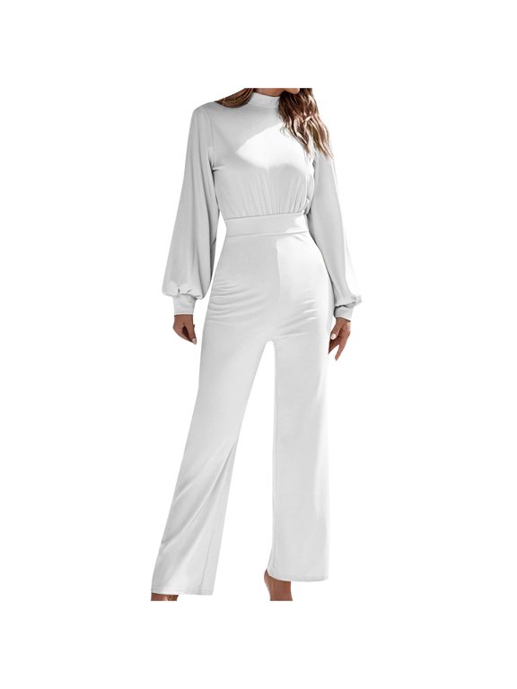 Womens Business Casual Jumpsuit Fall Fashion Solid Casual Plus Size Long Jumpsuit White
