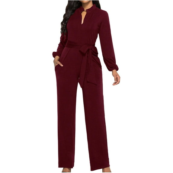 WREESH Womens Business Casual Jumpsuit Fall Fashion V-Neck Pocket Button Long Sleeve Tie Jumpsuit Wine