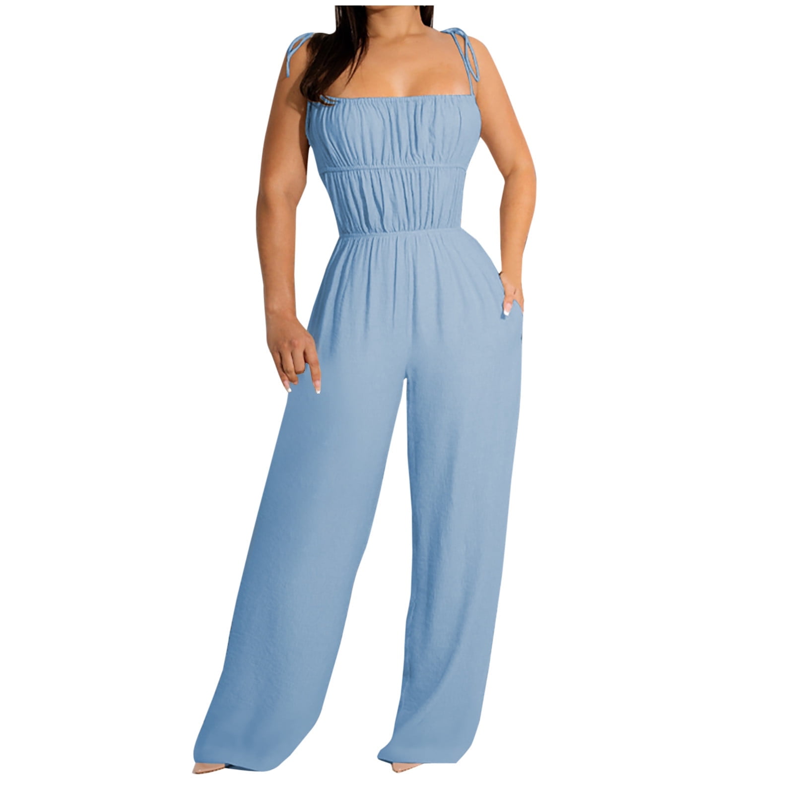 Ladies Spring Summer Jumpsuit Washed Cotton Casual Double Pocket Sling Waist Tight Ankle Tied Trousers main image 1