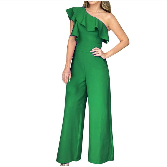 WREESH Womens Business Casual Jumpsuit Fashion Selvedge Single Shoulder Zipper Sleeve Solid Long Jumpsuit Green