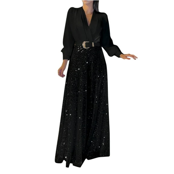 WREESH Womens Business Casual Jumpsuit Fashion Sequin Pockets Solid Color Splice V- Sleeve Long Sleeve Jumpsuit Long Pants Black