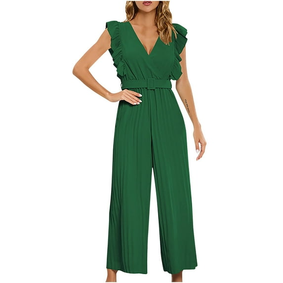 WREESH Womens Business Casual Jumpsuit Fashion Summer Solid Casual Ruffle Sleeveless Suspender Jumpsuit Green