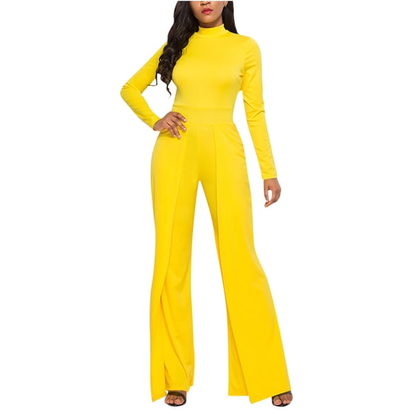 WREESH Womens Business Casual Jumpsuit Fashion Wide Leg Pants Solid Long Sleeve Jumpsuit Long Pants Yellow