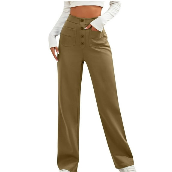 WREESH Womens Business Casual Pants Fashion Casual Temperament Pockets Solid Color Elastic Waist Long Pants Brown