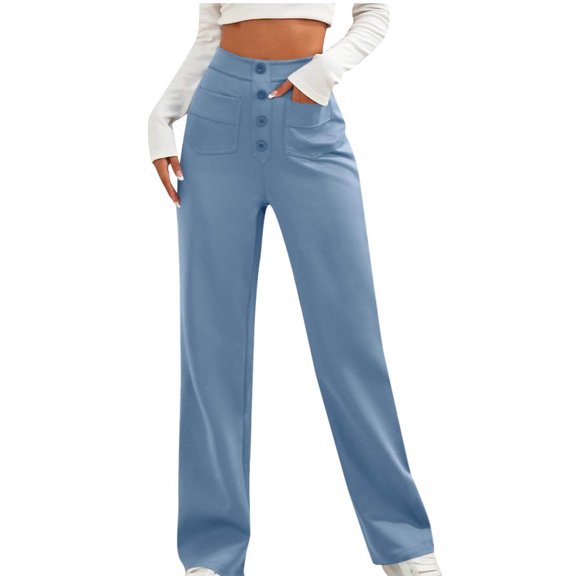 WREESH Womens Business Casual Pants Fashion Casual Temperament Pockets Solid Color Elastic Waist Long Pants Light Blue