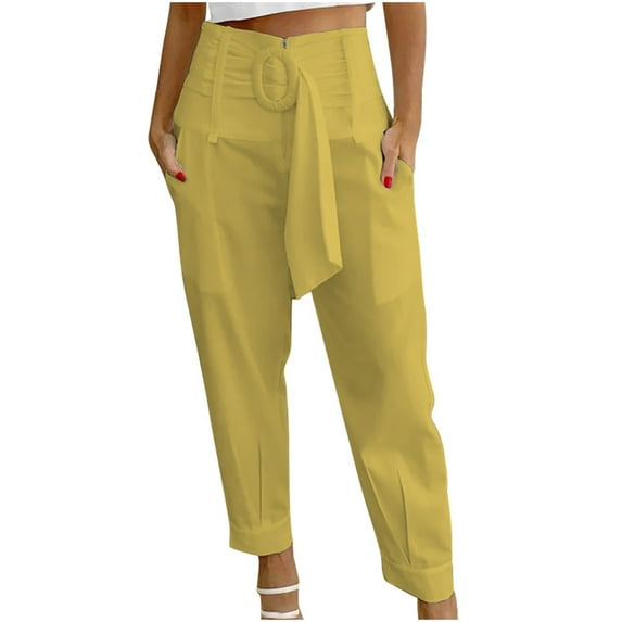 WREESH Womens Business Casual Pants Fashion High Waist Waist Zipper Straight Leg Solid Color Versatile Casual Pants Yellow