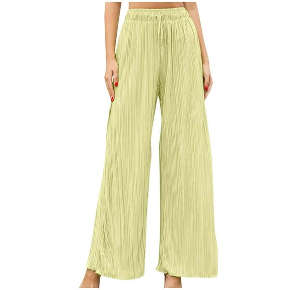 WREESH Womens Business Casual Pants Fashion Solid Color Elastic Waist Tie Full Length Pants Beige