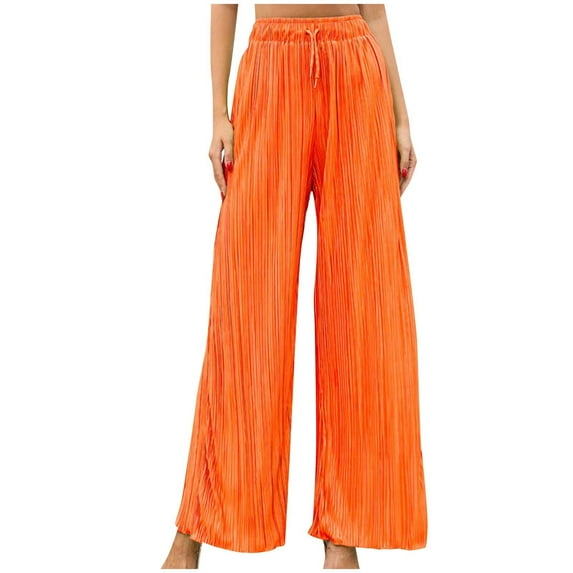 WREESH Womens Business Casual Pants Fashion Solid Color Elastic Waist Tie Full Length Pants Orange